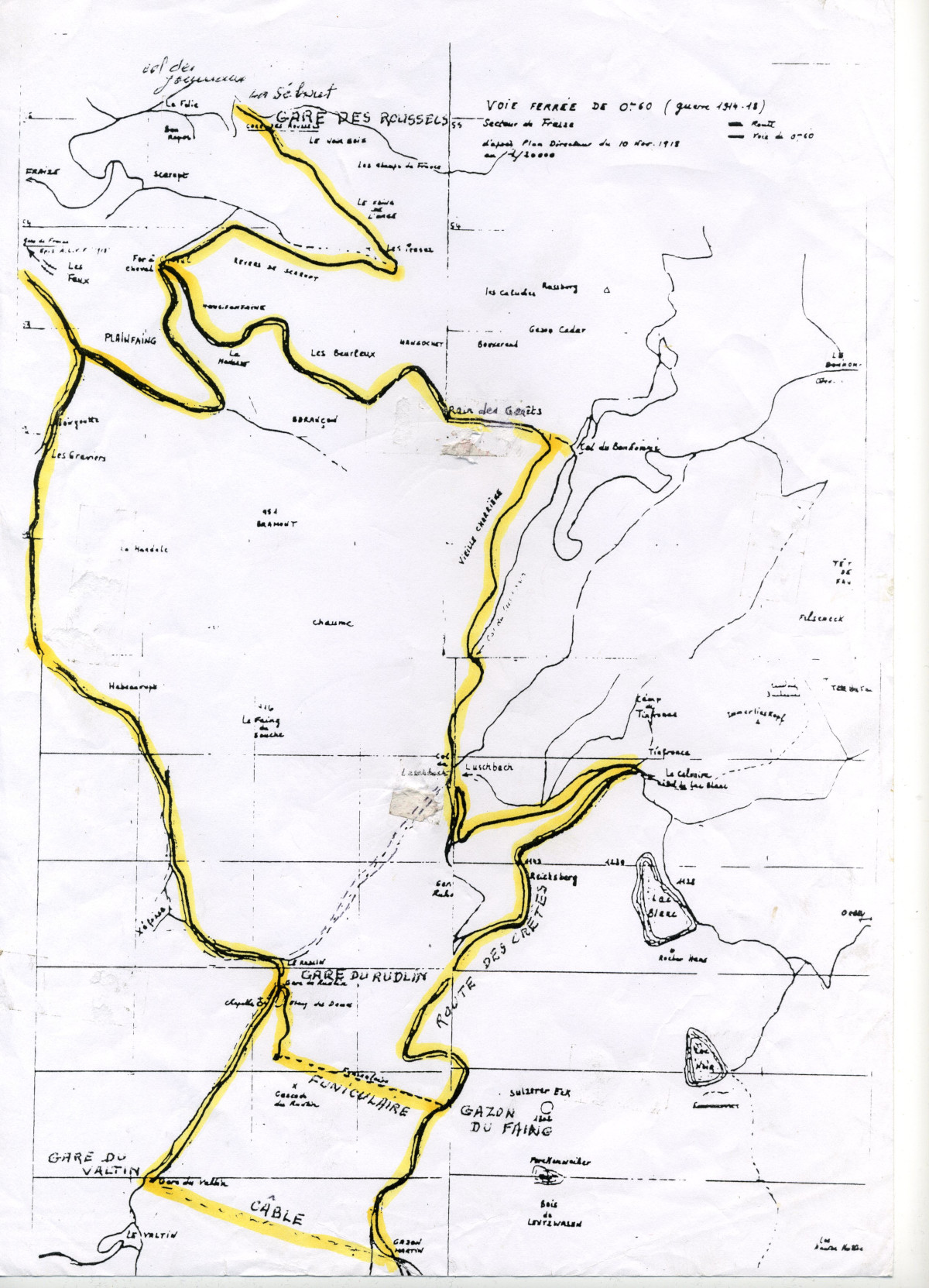 Le plan des voies du Tacot d'après le Plan Directeur du 10 novembre 1918.<br>La construction s'est étalée entre le second semestre 1915 et le début 1916 ; le démontage a débuté dès 1919.