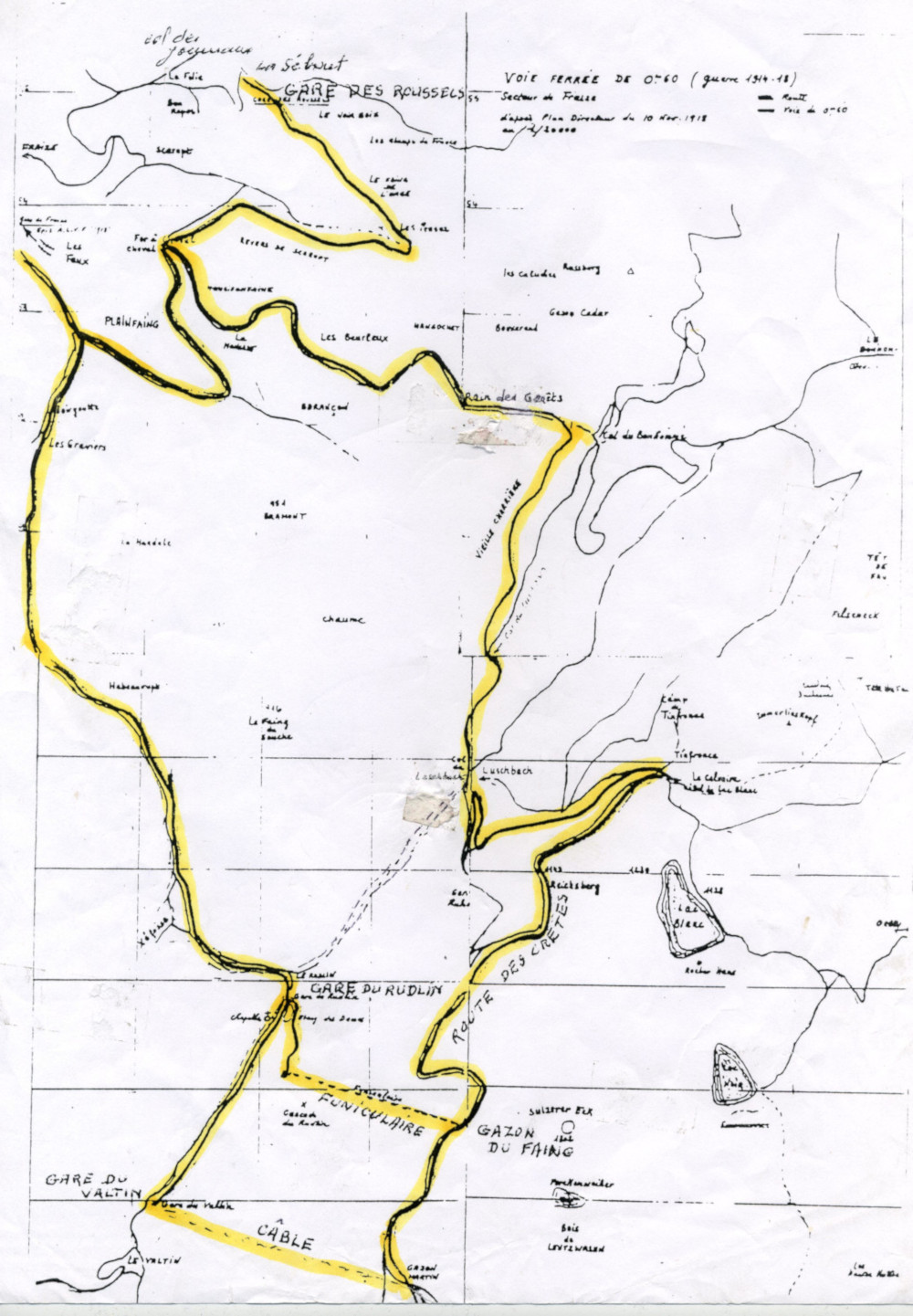 Le plan des voies du Tacot d'après le Plan Directeur du 10 novembre 1918.
					La construction s'est étalée entre le second semestre 1915 et le début 1916 ; le démontage a débuté dès 1919.