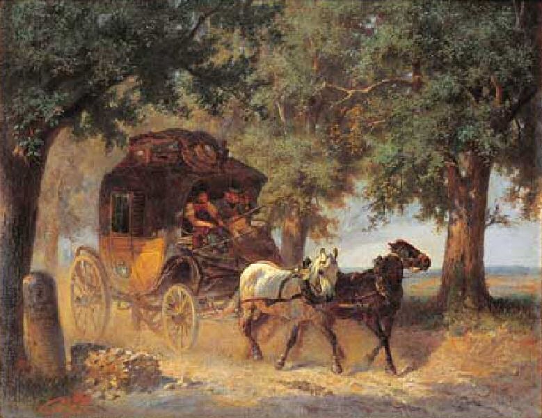 Une diligence, peinture de Wilhelm von Diez du milieu du XIX<sup>ème</sup> siècle.